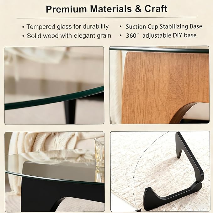 Coffee Table for Living Room, 44.9″D×32.3″W×15.8″H Modern Glass Coffee Table & Wooden Base, Unique Center Tables for Apartment, Small Spaces, Office