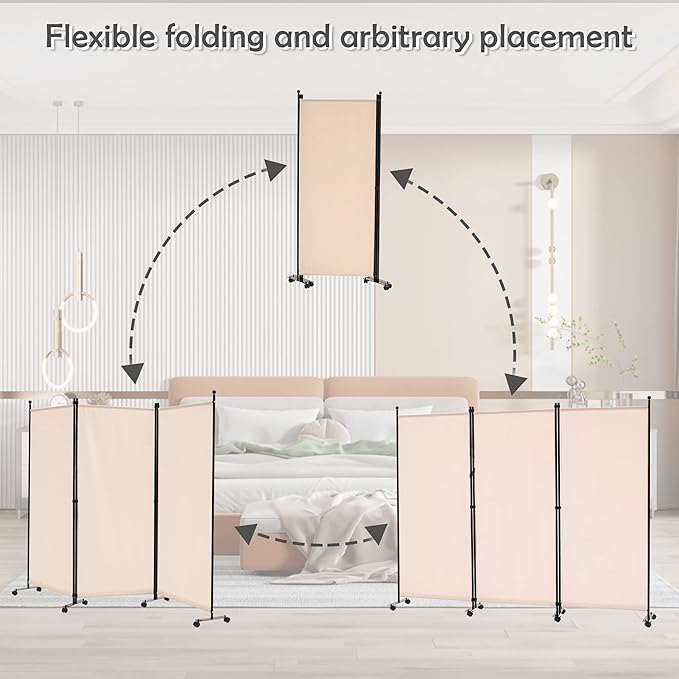 Spurgehom 3 Panel Rolling Room Divider, Folding Partition Privacy Screens, Freestanding Fabric Room Panel, Portable Folding Wall Divider for Office, Room, Restaurant, Hospital (Beige)