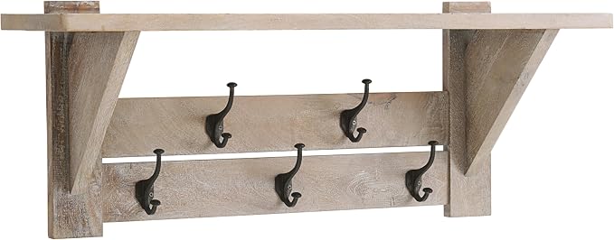 Alaterre Furniture Bethel Wall-Mounted Coat Rack with Shelf – Modern Farmhouse 40-Inch Solid Wood Entryway Organizer with 5 Black Metal Double Hooks & Upper Storage Shelf (Driftwood Finish)