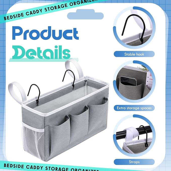 3 Pcs Bedside Caddy Storage Organizer, Bedside Hanging Storage Bag with Pockets and Fixed Straps for Bunk Bed Shelf Dorm Rooms Crib Bed Rails Hospital Beds, Can Be Placed Glasses Books