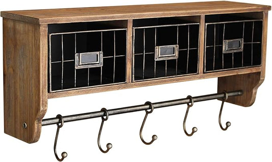BizChair Wall Mounted Storage Rack - Rustic Brown Solid Pine Wood - 24 Inch - Upper Shelf - 5 Hooks - Wire Baskets - For Entryway, Kitchen, Bathroom