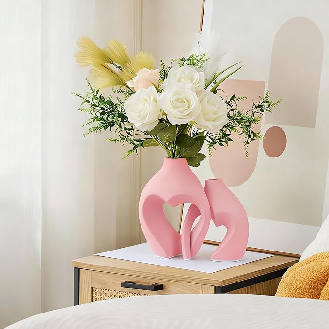 Zormon Pink Heart Shaped Ceramic Vases Set of 2, Modern Nordic Minimalist Flower Vases for Home Decor, Hollow Aesthetic Vases for Living Room, Shelf, Table, Office and Wedding Centerpieces