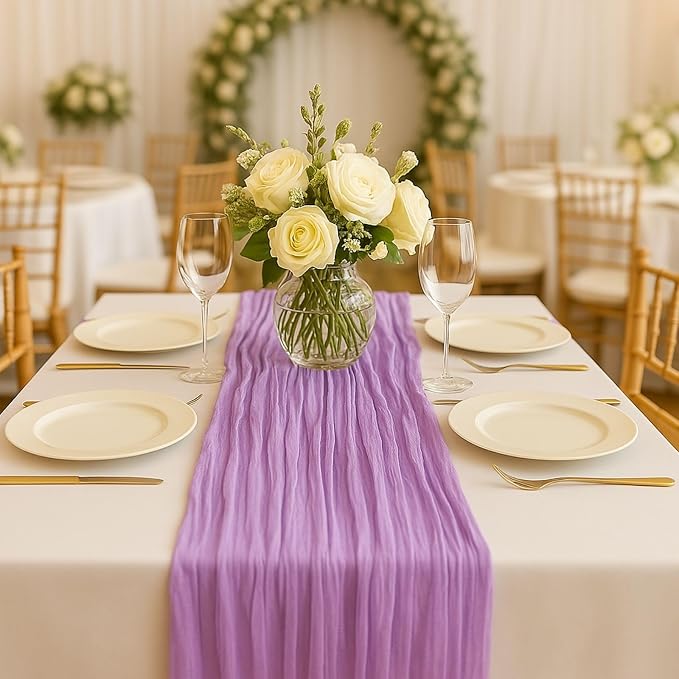 3 Pack Lilac 10FT Purple Cheesecloth Table Runner –120 Inch Boho Gauze Table Runners for Spring Wedding, Birthday, Fairy Garden Bridal Shower Decor