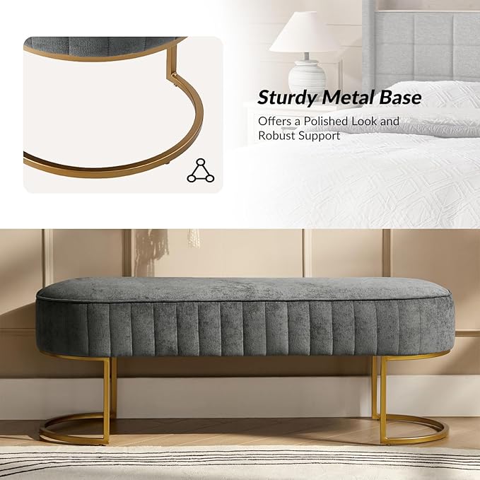 EcoHarbor Living 46" Velvet Bench, Upholstered Entryway Bench End of Bed with Gold Legs, Bed Ottoman Bench for Bedroom Living Room Footrest Stools, Grey