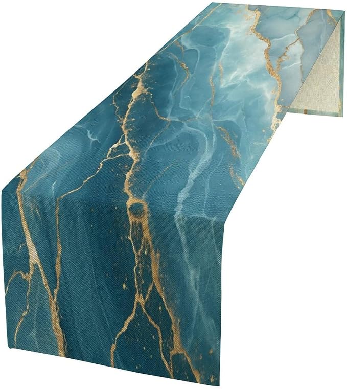 Blue Gold Marble Table Runner,Modern Luxury Abstract Painting Art Pattern Table Runner for Coffee Table Dining Room Table Bedroom Party Holiday Decor 13x36inch