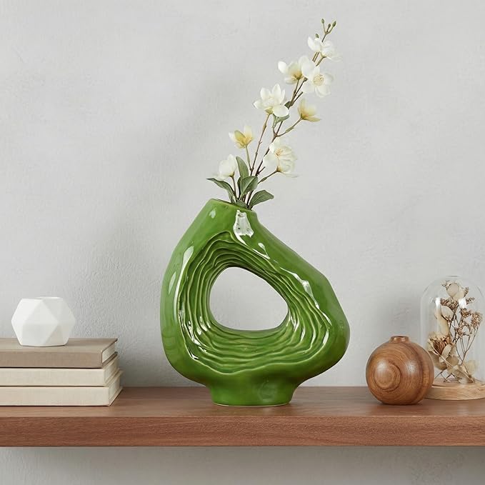 Sunddo Donut Ceramic Flower Vase, Green Modern Vase for Flowers, Boho Style Decorative Vases for Living Room, Bookshelf, Mantle Entryway, Table or Console Décor, 9 Inch
