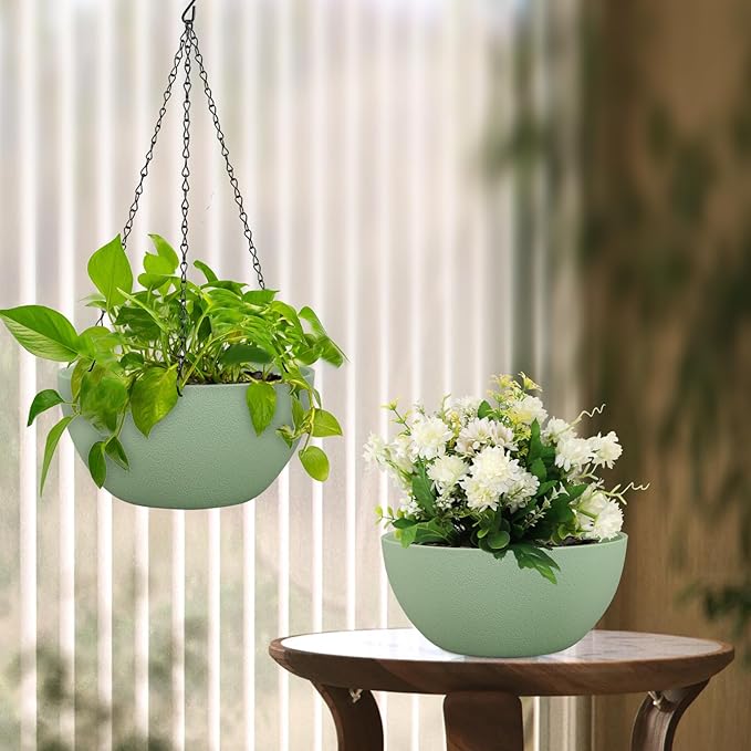 Meowell 12 inch Large Hanging Planters Plant Pots for Indoor Outdoor Plants, 2 Pack Hanging Flower Pots with Drainage Holes and Chain for Garden Porch, Plastic Hanging Baskets for House Plants, Green