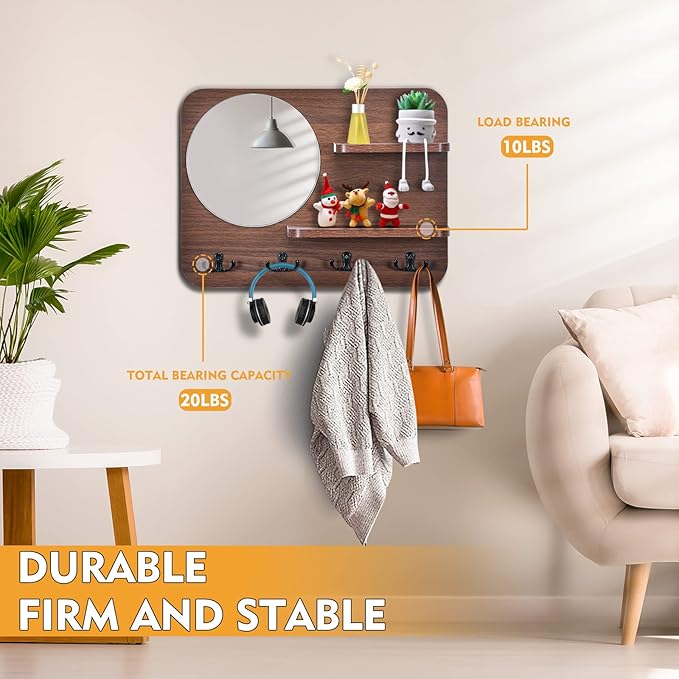Coat Rack with Shelf Rustic Wooden Wall Mounted Hanging Coat Rack with Mirror Shelves and 4 Double Hooks Decorative Entryway Hook Shelf for Hallway Living Room Bedroom 16"x12" (Brown S)