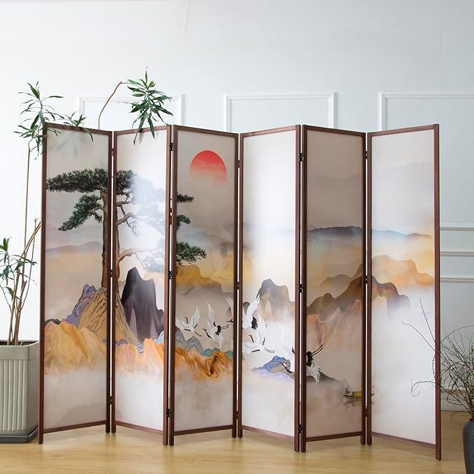 Furnnylane 6 Panel Room Divider, Double-Sided Folding Privacy Screen for Home Office – Freestanding Wall Partition with New Chic Colorful Landscape 67" H x 63" W - 5.6 ft Tall