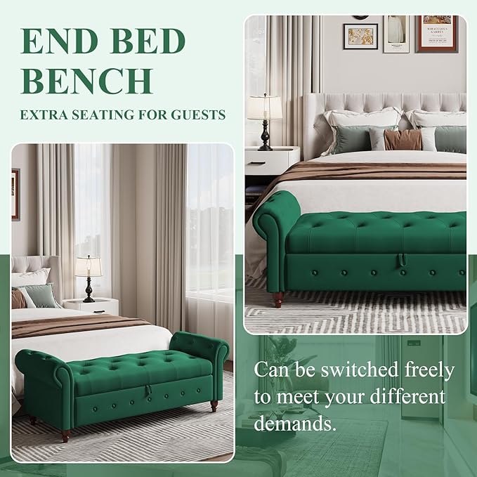 Modern 63'' Storage Ottoman, Velvet Upholstered End Bench with Curved Armrest, Button Tufted Entryway Bench for Bedroom, Living Room, Hallway (Dark Green)