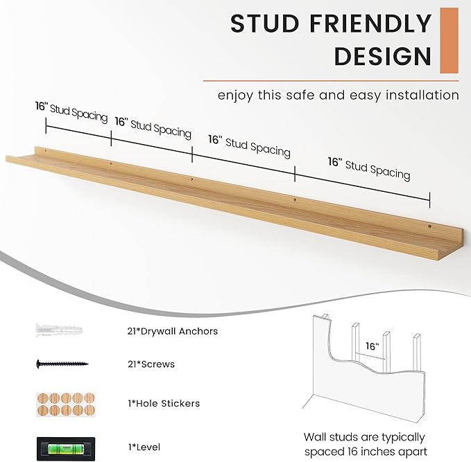 FLYJOE Floating Picture Ledge Shelves for Wall Set of 4, 72 Inch Wall Shelves with Lip Long Large Nursery Book Shelf for Toys Storage Kids Bookshelf Wall Mounted Living Room Bedroom Decor Frames