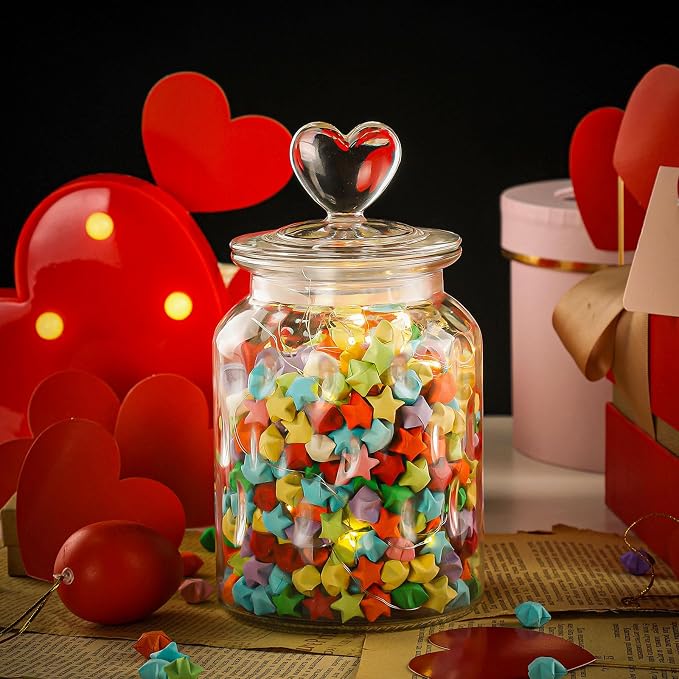 WHJY Set of 2 Airtight Glass Jars, 45oz Jar of Hearts Cute Cookie Jar Decorative Jars with Lids Candy Jars for Candy Buffet Heart Shaped Lid - Grids Textured