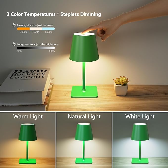 Yogaret Green Cordless Table Lamp Set of 2-3 Color Stepless and Dimmable - for Restaurant Dining Bedroom Home Bar