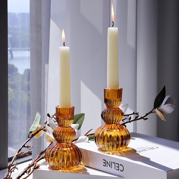 Woho Amber Candlestick Holders Set of 6 4.3" H for Thanksgiving/Fall Decorations, Ribbed Glass Taper Candle Holders Halloween Table Centerpiece, Vintage Candle Sticks Holder Decor for Boho Home Decor