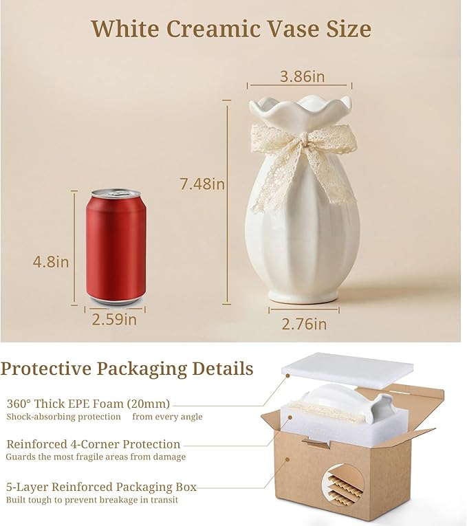 White Ceramic Vase with Ribbon, Flower Vase for Home Decor, Decorative Vases for Bouquet, Modern Farmhouse Centerpiece for Table, Living Room, Wedding Gift