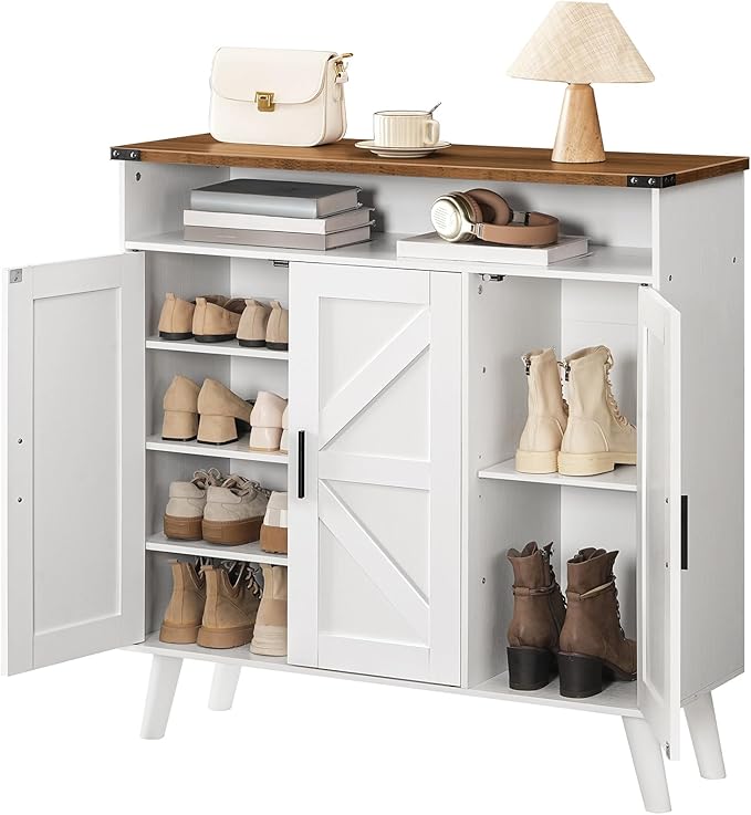 HOOBRO Shoe Cabinet Storage for Entryway, Wooden Shoe Organizer Cabinet With 3 Doors, 39.4" Freestanding Shoe Cabinet Storage for Closet, Entryway, Large Capacity, Farmhouse, White and Walnut WH20SC01