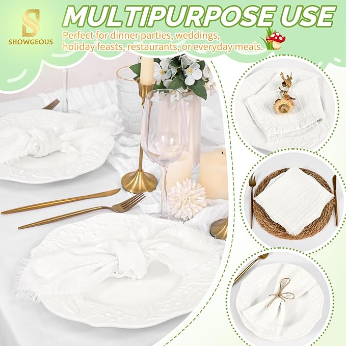 Showgeous 30 Pack White Cloth Napkins with Fringe 16x16 inch 100% Cotton White Napkins Handmade Dinner Napkins Bulk Washable Soft Rustic Table Napkins for Wedding Parties Bridal Baby Shower