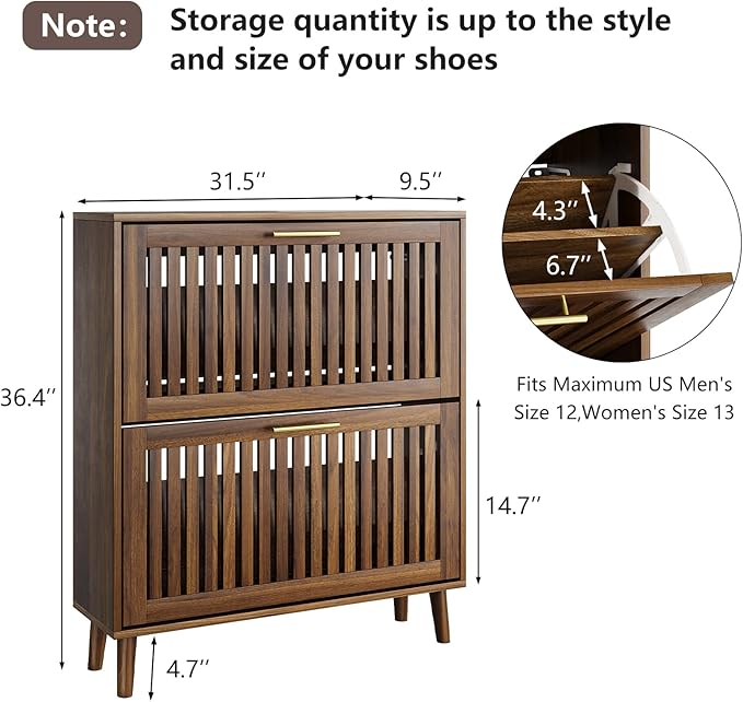 Shoe Cabinet for Entryway, Slim Wooden Shoe Storage Cabinet with 2 Flip Louvered Drawers, Freestanding Shoe Rack Organizer Cabinet for Hallway, Living Room, Walnut (31.5''W)