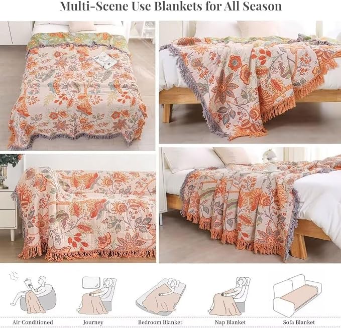 Boho Throw Blanket for Bed 100% Cotton Bohemian Blankets Ultra Soft Woven Muslin Decorative Blankets All Seasons Vintage Quilt Knitted Blanket for Sofa Chair(Orange, 90"x98")