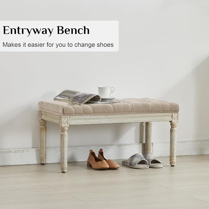 LOULENS French Vintage Bench, Linen Fabric Entryway Bench, Upholstered Tufted End of Bed Bench with Brushed Wood Legs,Light Brown