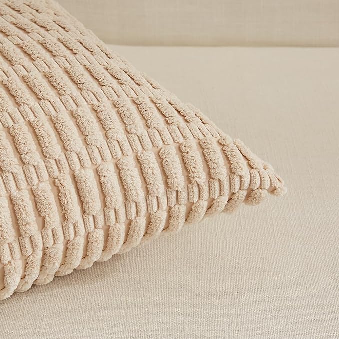 Fancy Homi 4 Packs Neutral Long Lumbar Decorative Throw Pillow Covers 12x24 Inch for Living Room Couch Bed, Boho Home Decor, Soft Striped Corduroy Rectangle Accent Beige Cushion Case 30x60 cm
