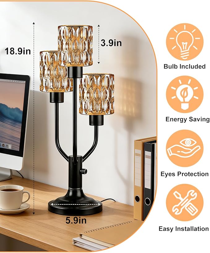Lightdot Modern Glass Table Lamp Dimmable Mid Century Black Desk Lamp with Thickened Amber Glass 3 Bulbs Included 3000K Warmwhite Nightstand Lamp for Bedroom Bedside End Table