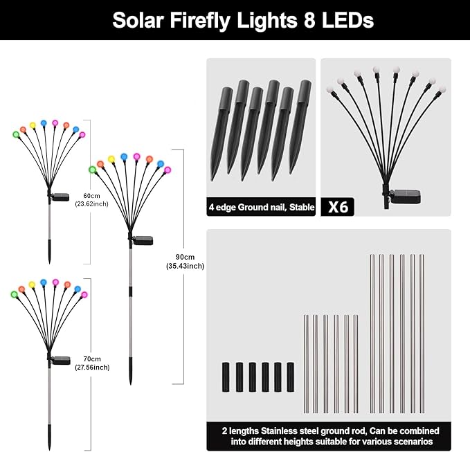 Solar Firefly Lights Multicolor, 6 Pack 800mAh Swaying Firefly Garden Lights Solar Powered Outdoor Waterproof Color Changing for Outside Yard Patio Lawn Pathway Walkway Stake Christmas Decor