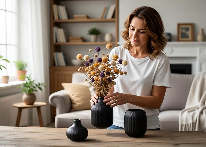 Black Ceramic Vase Set 3 Modern Style Decor Farmhouse Home Living Room Dining Table Room Desk Pottery Small Vases