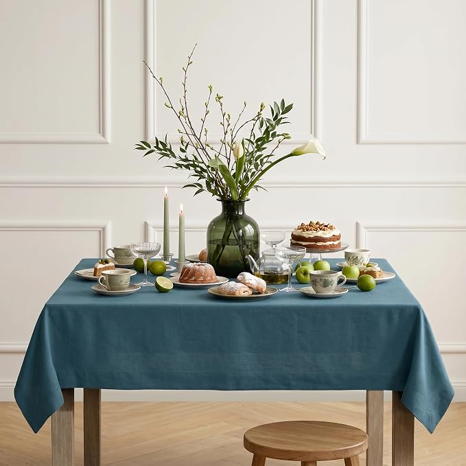 Solino Home Linen Tablecloth for Rectangle Tables 60 x 156 Inch - 100% Pure Linen Peacock Blue Table Cloth - Fete, Machine Washable Cloth Tablecloth