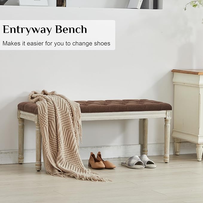 LOULENS 43.9" Linen Fabric End of Bed Bench, Vintage French Upholstered Button Tufted Entry Bench, Window Seat with Carved Wood Legs for Bedroom, Living Room, Entryway, Foyer, Hallway, Brown