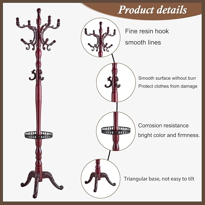 Wooden Coat Rack Freestanding, Vintage Coat Racks with Sturdy Round Base, Adjustable Height 37.40"-72.83" Entrance Coat Rack for Bedroom Living Room Entryway (Rosewood Upgraded version)