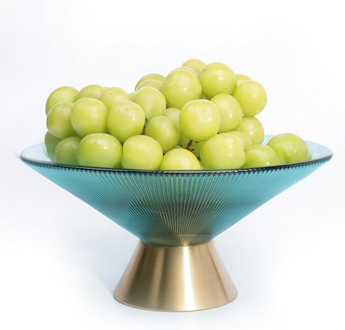 Tapered Glass Decorative Bowl (Blue), 9.8 Inches Handblown Striped Design Glass Bowl with Rust Resistant Metal Base,Decorative Fruit Bowl for Home Decor,Table Centerpiece,Kitchen Island,Dining Decor
