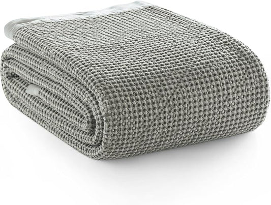 PHF Stone Washed 100% Cotton Waffle Blanket, Vintage Deep Honeycomb Texture, Breathable Thermal Blanket for Bed & Home Decor, All Season Layering - King, Frosted Grey