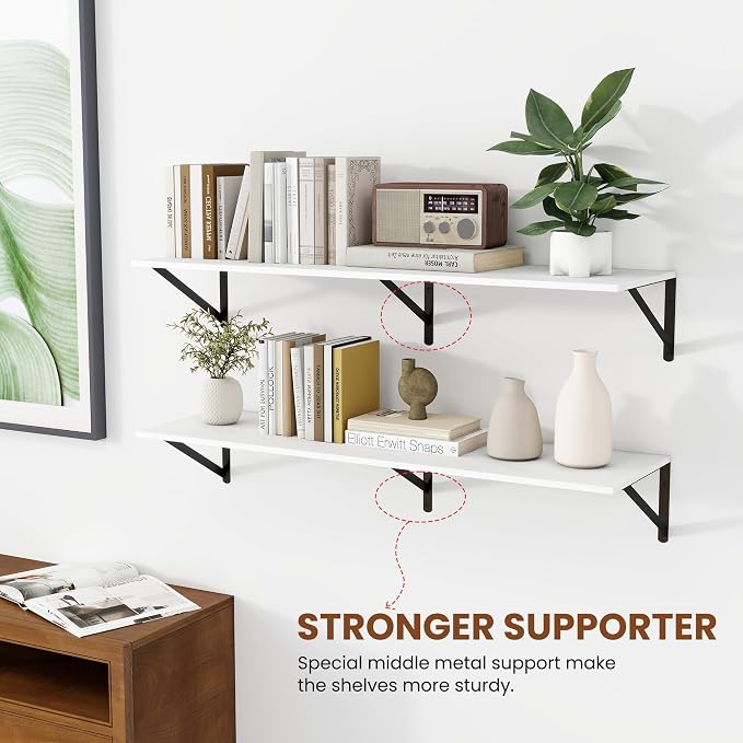 Heimlove White Deep Floating Shelves for Wall, 40W x 12D Wood Wall Shelves Set of 2, Wide Floating Bookshelf for Living Room, Kitchen, Office, Bedroom and Decor Storage, with Black Bracket - White