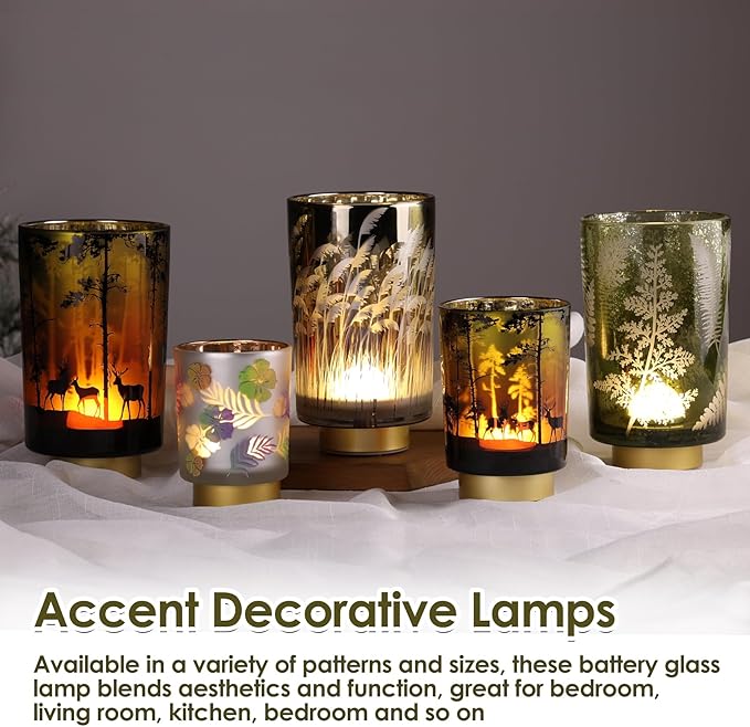 Eywamage Large Battery Operated Glass Table Lamp, Boho Green Ferns Leaves Mood Light with Remote, Cordless Bedside Accent Lamp Room Decor