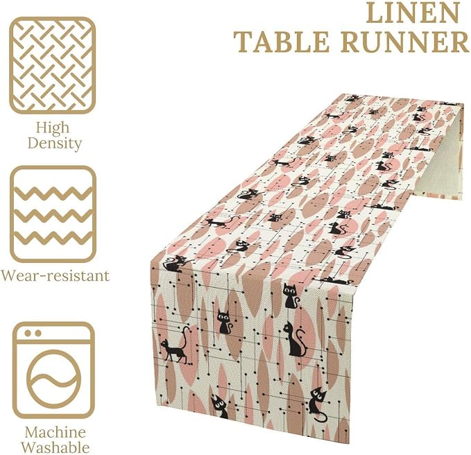 Mid Century Table Runner Vintage Pink Abstract Geometric Atomic Star Retro Black Cat Dining Table Decoration for Kitchen Dining Room 13x120in