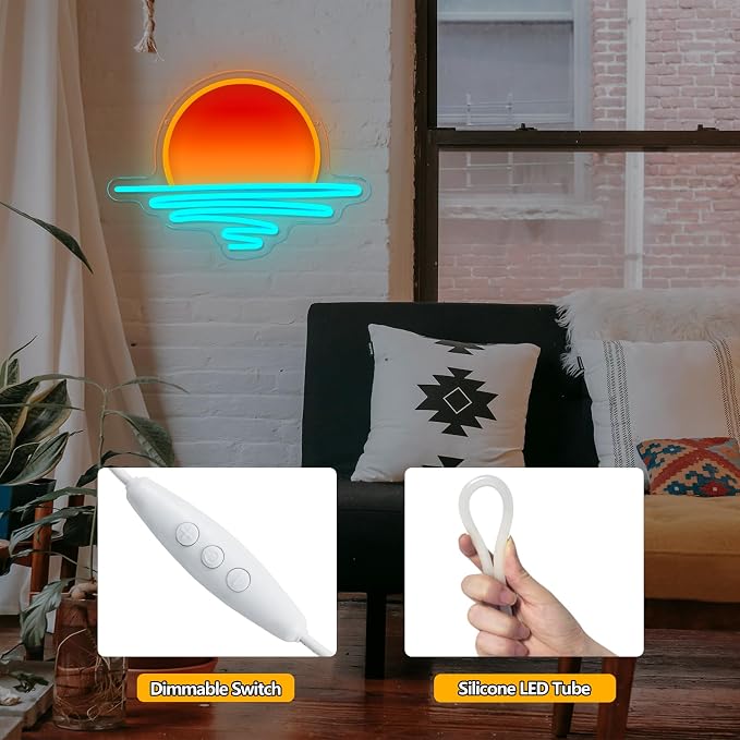 Sunrise Sunset Neon Sign, UV Printed Sun Wave Neon Light for Wall Decor, Dimmable USB Powered Sunset Led Neon Light Sign for Beach Bar, Man Cave, Bedroom, Living Room, Party Decorations
