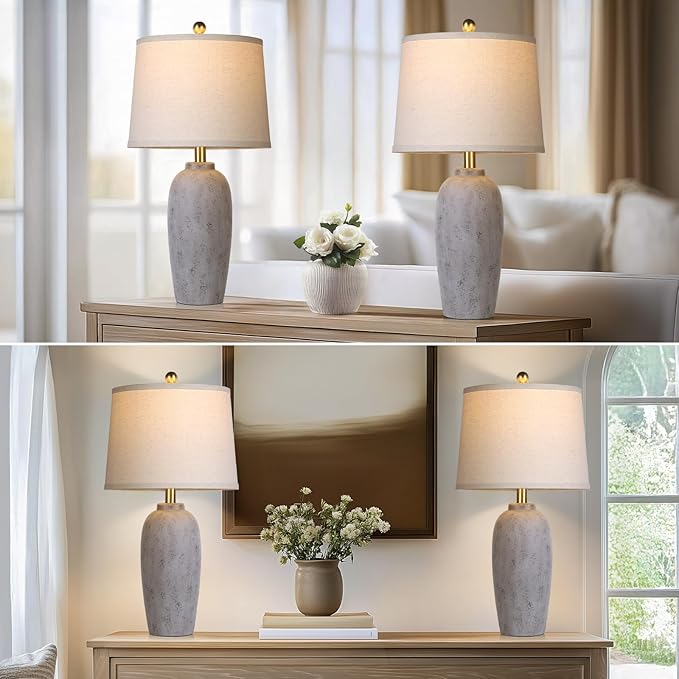 25“ Jar Table Lamps Set of 2, Ceramic Bedside Lamps for Bedroom, Brown Grey Farmhouse Nightstand Lamps for Living Room