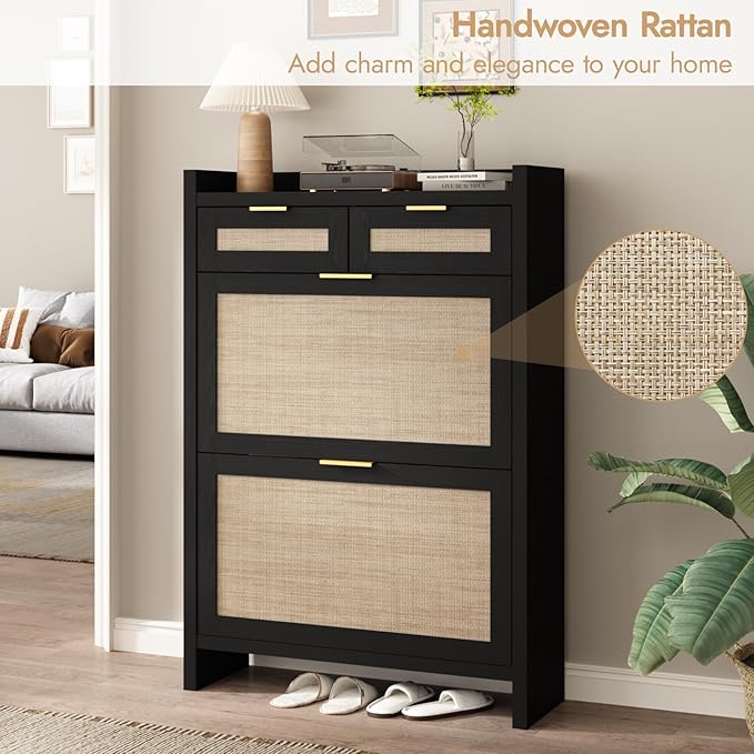HOKYHOKY Rattan Shoe Storage Cabinet with 2 Drawers & 2 Flip Drawers – Hidden Slim Shoe Organizer for Entryway, Large Tabletop Space, Farmhouse Boho Narrow Shoe Rack, Rustic Black