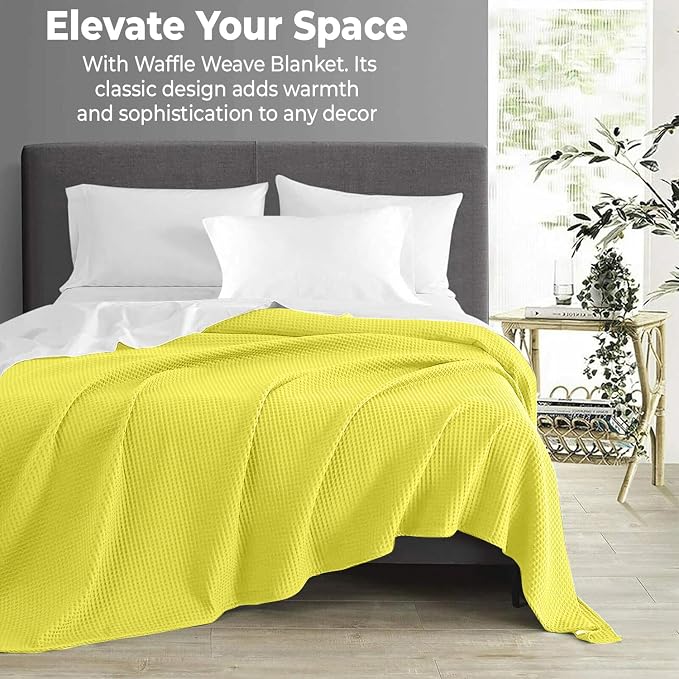 100% Cotton Blankets for Bed - Waffle Weave Blankets for Summer, Lightweight and Breathable Soft Woven Blanket for Spring (Yellow, Throw (50" x 60"))