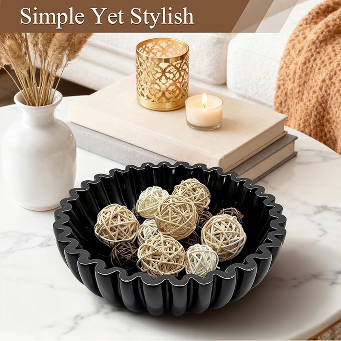 Large Modern Ruffle Bowls, Artificial Stone Decorative Catch All Bowl for Kitchen Counter and Entryway Table, Handcrafted Fruit Bowls and Key Bowl for Home Decor(Black)