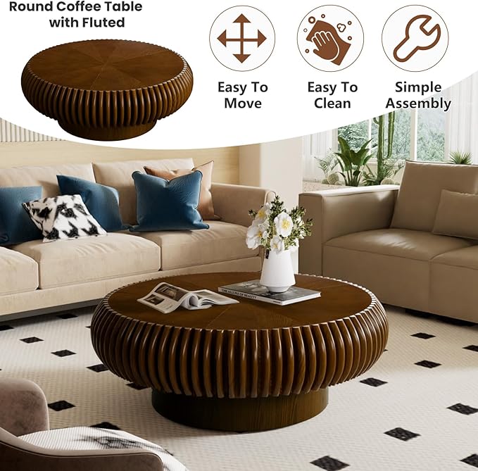 Round Coffee Table for Living Room, Modern Drum Center Table, Fluted Side Table with Sturdy Base Circle Tea Table for Bedroom, Office, Apartment (Walnut 31.5")