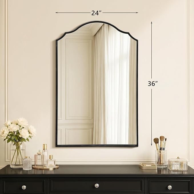 Besdomus Scalloped Black Mirror for Bathroom: 24"x36" Minimalist Modern Arched Mirror - Wooden Frame Wall for Vanity/Bedroom/Mantle/Entryway/Fireplace/Hallway - Idea for Housewife