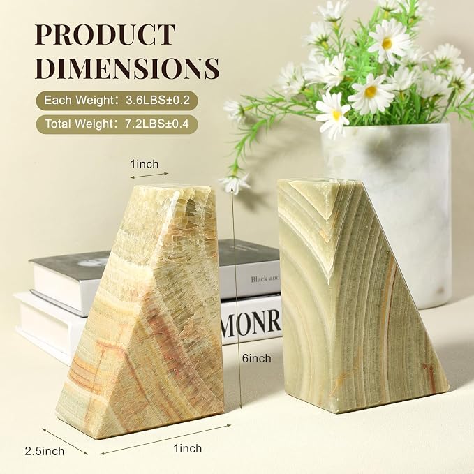 Koville Onyx Bookends, Marble Bookends for Shelves, Natural Stone Book Ends for Heavy Books, Decorative Bookends for Bookshelf Table Home Decor, Heavy Duty bookend for Large Books(Green)