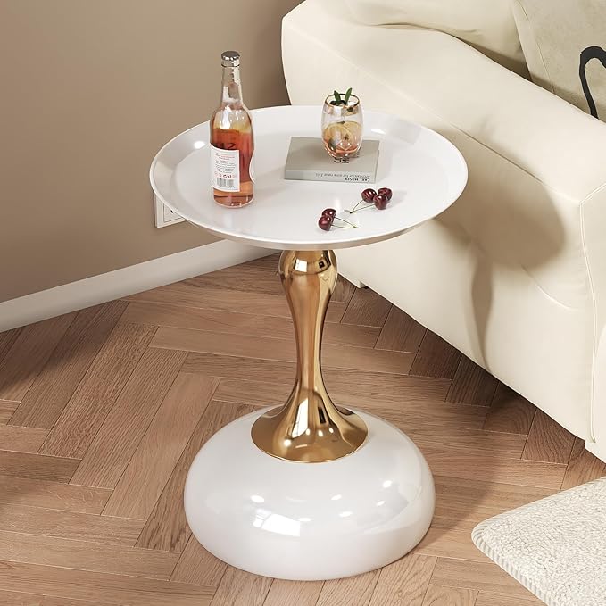 Small White Round Side Table with Gold Pedestal Base - Modern Chic Accent End Table for Living Room, Bedroom & Office Spaces