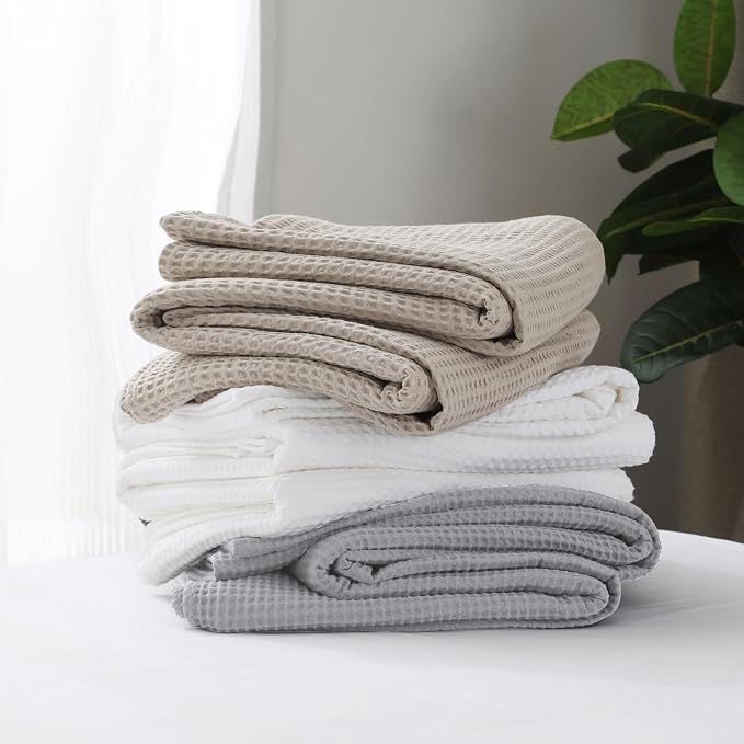 100% Cotton Waffle Blanket (Gray - Twin Size - 66 * 90''), Pre-Washed and Anti-Shrinkage Soft Lightweight Bed & Couch Blanket, 380 GSM Waffle Weave Throw Blanket for All Seasons
