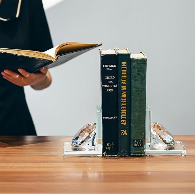 1 Pair Crystal Bookends with 80mm Clear Diamond, L Shaped Heavy Duty Book End for Shelves Non Skid Bookends Book Stopper, 4inch