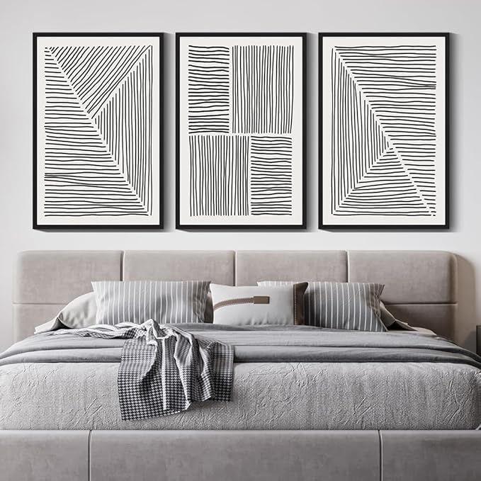 Drsoum Mid-Century Modern Framed Wall Art Large 24x36in Minimalist Abstract Boho Black Line Wall Decor Geometric Artwork Kitchen Dining Room Black Framed