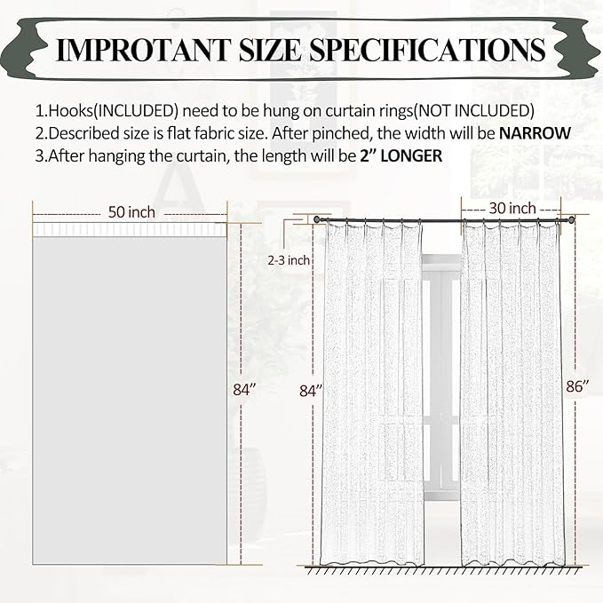 102 Inch Long Curtains Sheer Linen Faux, Natural Light Filtering 2 Panels, Neutral Cream Beige Farmhouse Curtains & Drapes for Living Room, Pinch Pleat Sliding Glass Door Ceiling Curtain