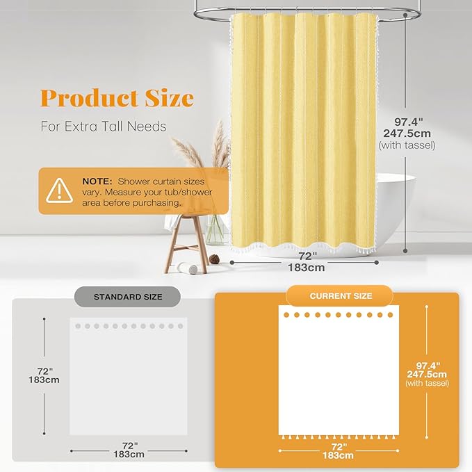 BTTN Extra Long Shower Curtain, 72x96 Long Striped Boho Chic Linen Fabric Heavy Duty Shower Curtain with Hooks, Tall Bohemian Farmhouse Rustic Luxury Tassel Cloth Shower Curtain for Bathroom, Yellow